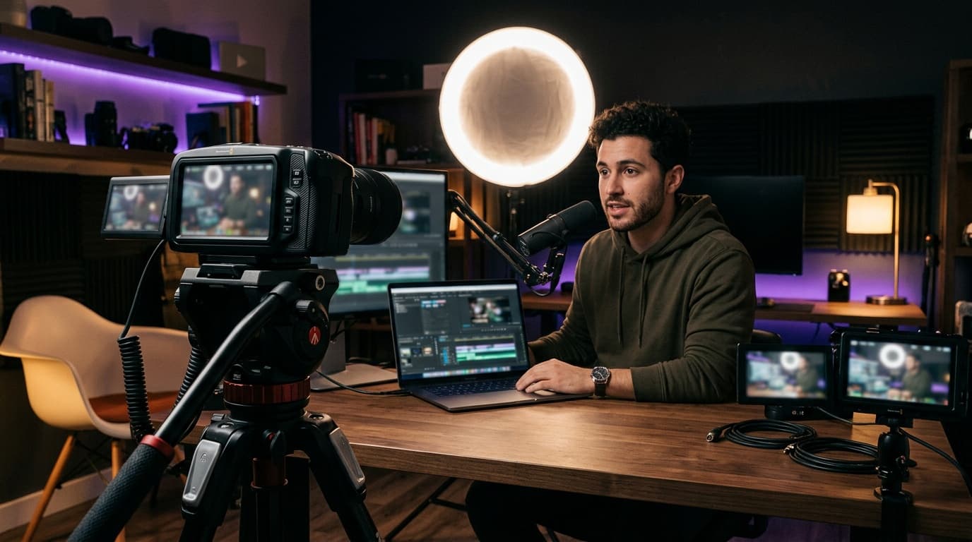 Creator filming a workflow video at a desk studio with a camera, ring light and editing timeline