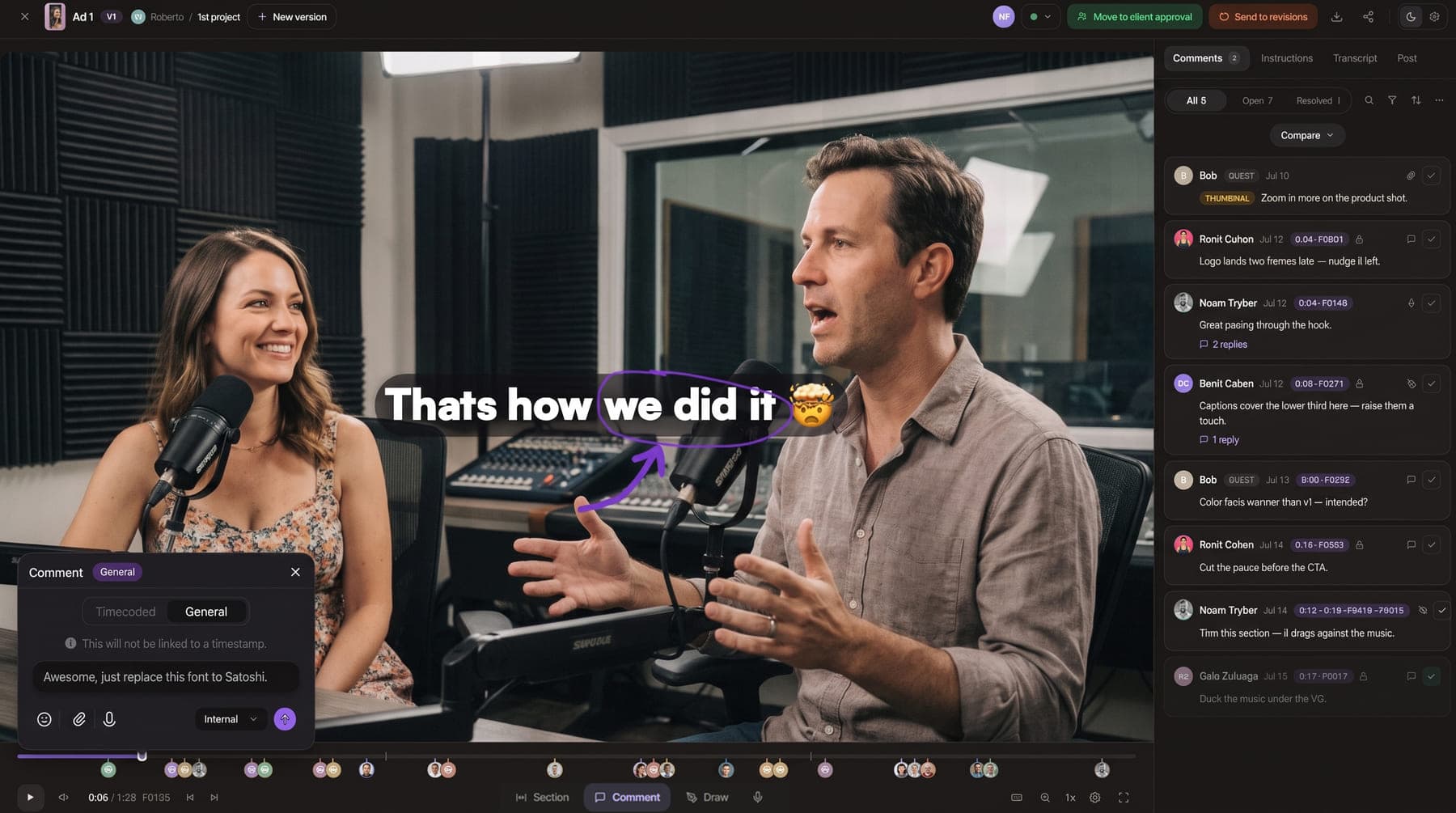 Timeliner's review screen with time-coded client and team comments next to the video
