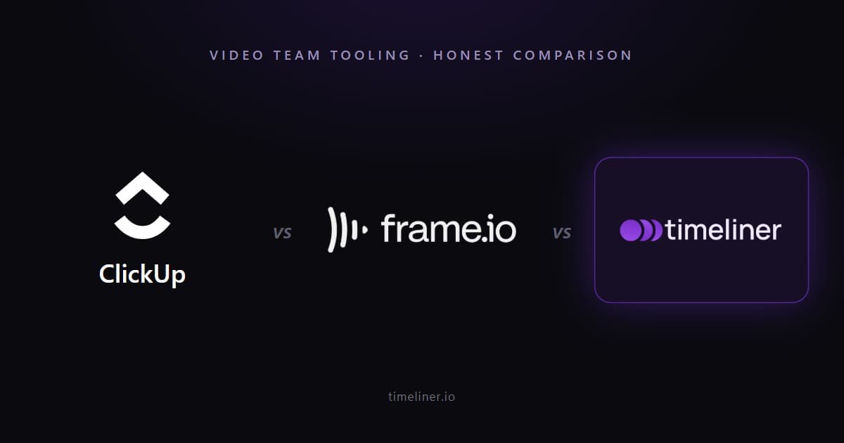 Feature comparison matrix of ClickUp, Frame.io, and Timeliner for video teams