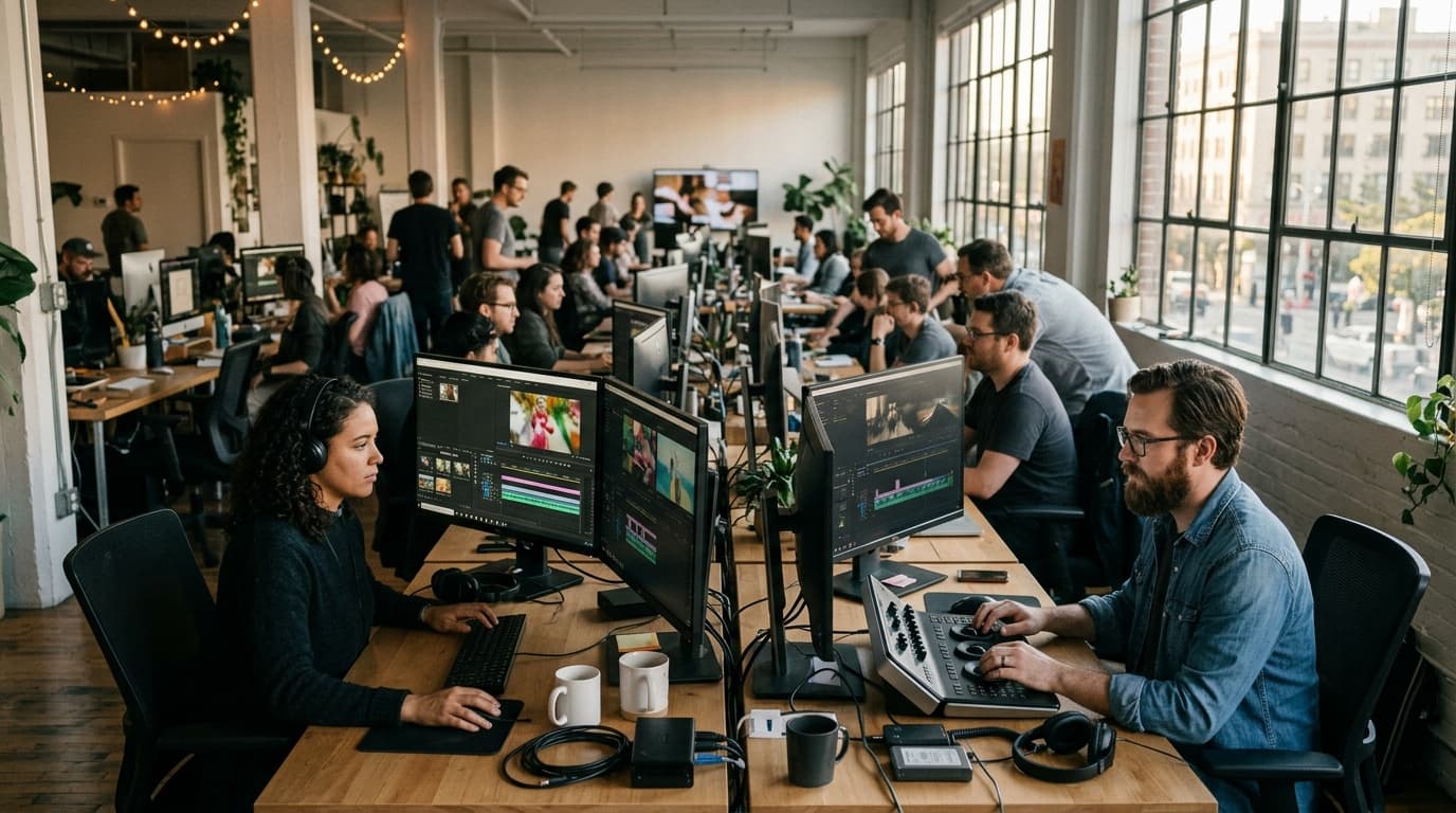 Modern creative agency workspace with multiple editing stations