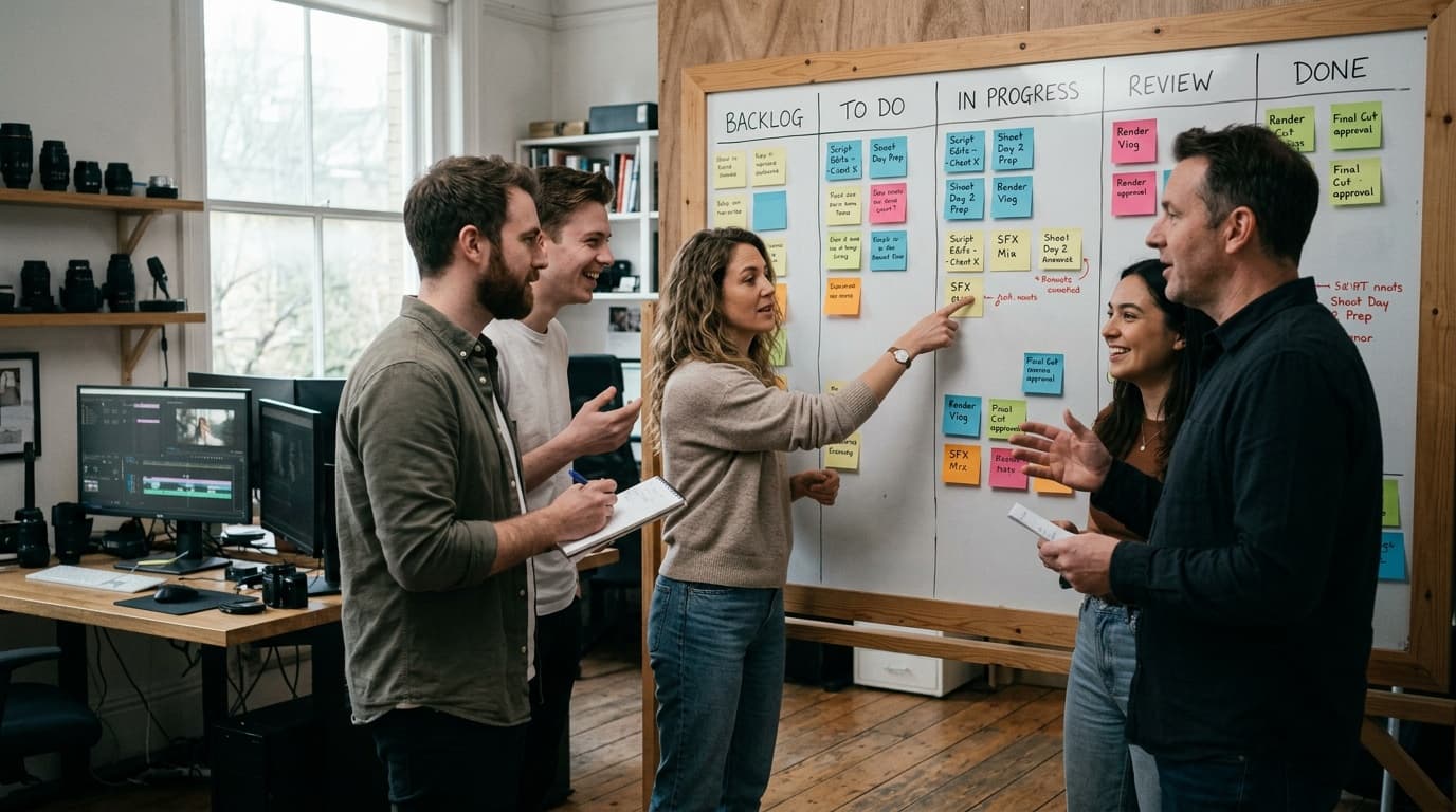 A production board showing tasks distributed across a team