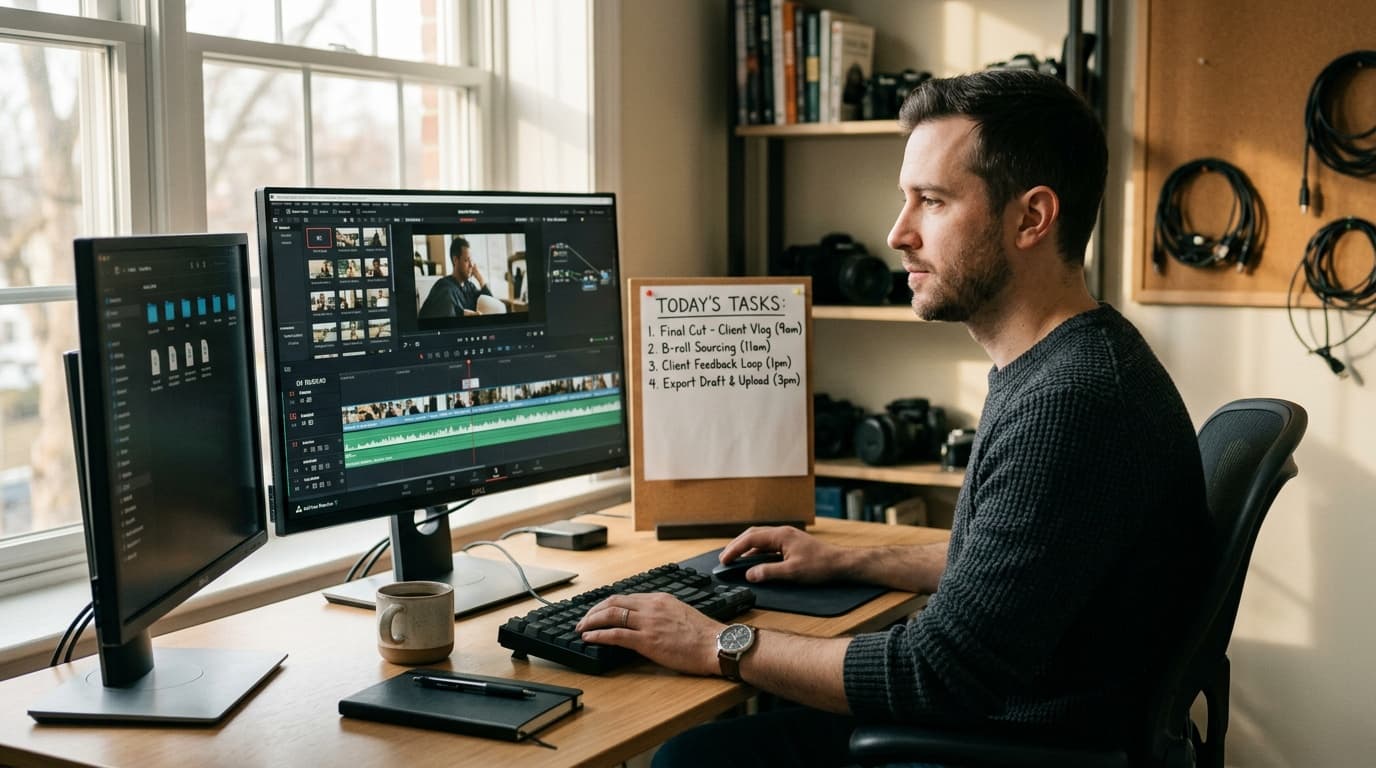 Streamlined video editing workflow with organized project stages and team assignments