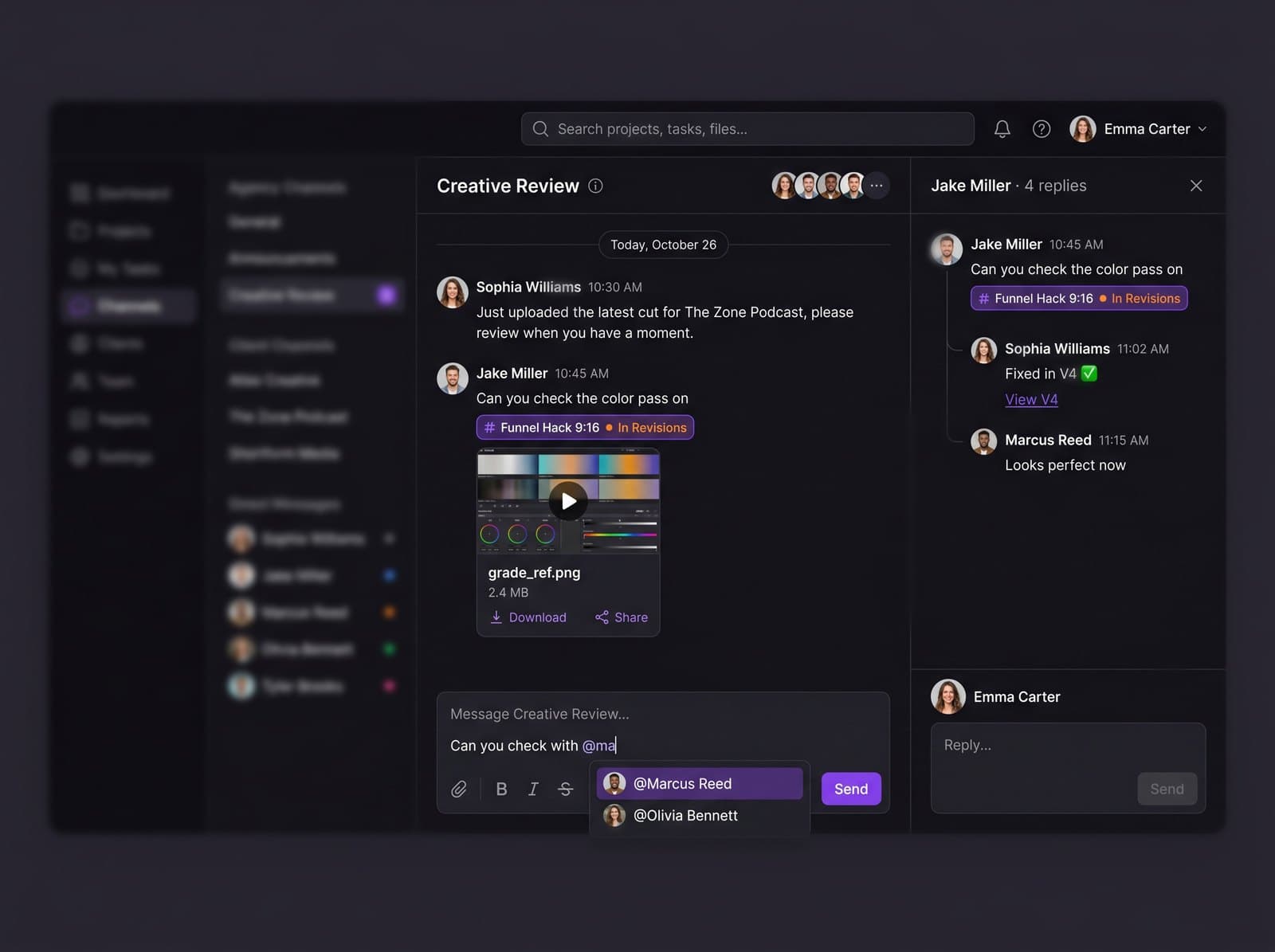Channel thread with mentions and an embedded task chip