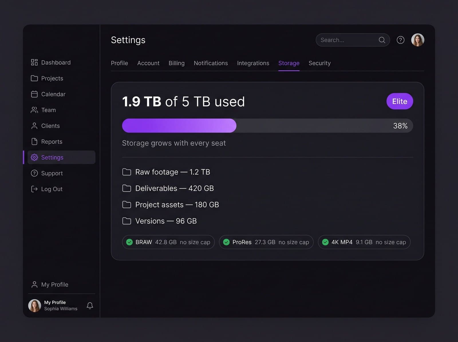 Workspace storage meter with no per-file size cap