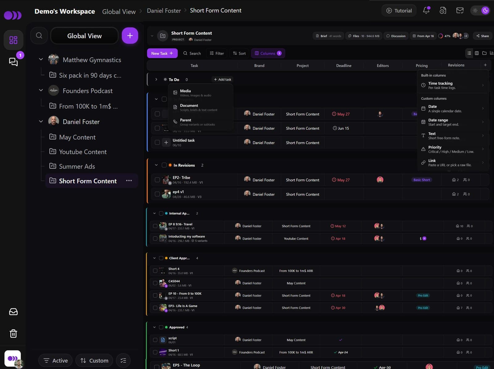 Calendar view of tasks across brands in Timeliner