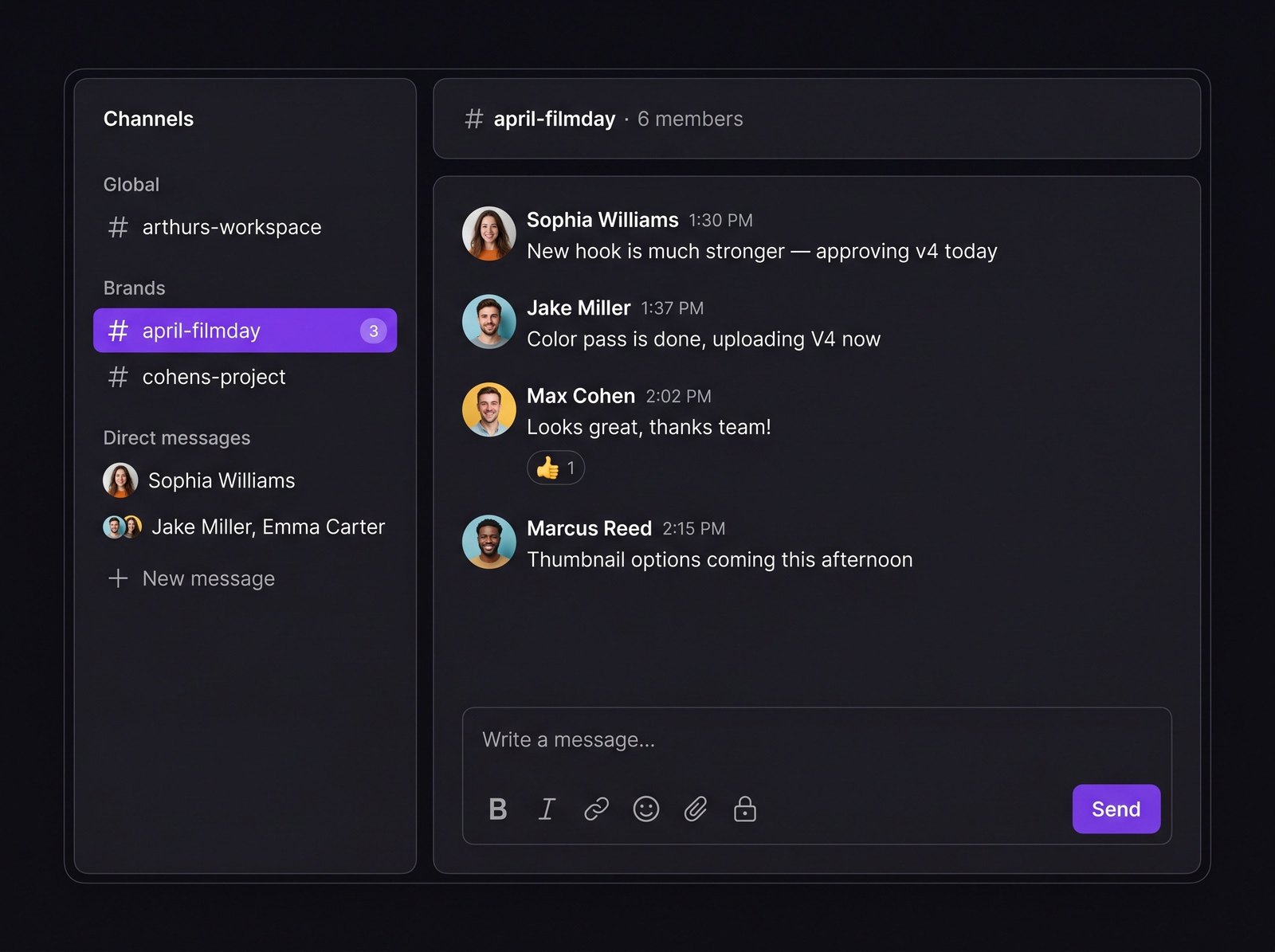 Chat sidebar with workspace, brand and project channels