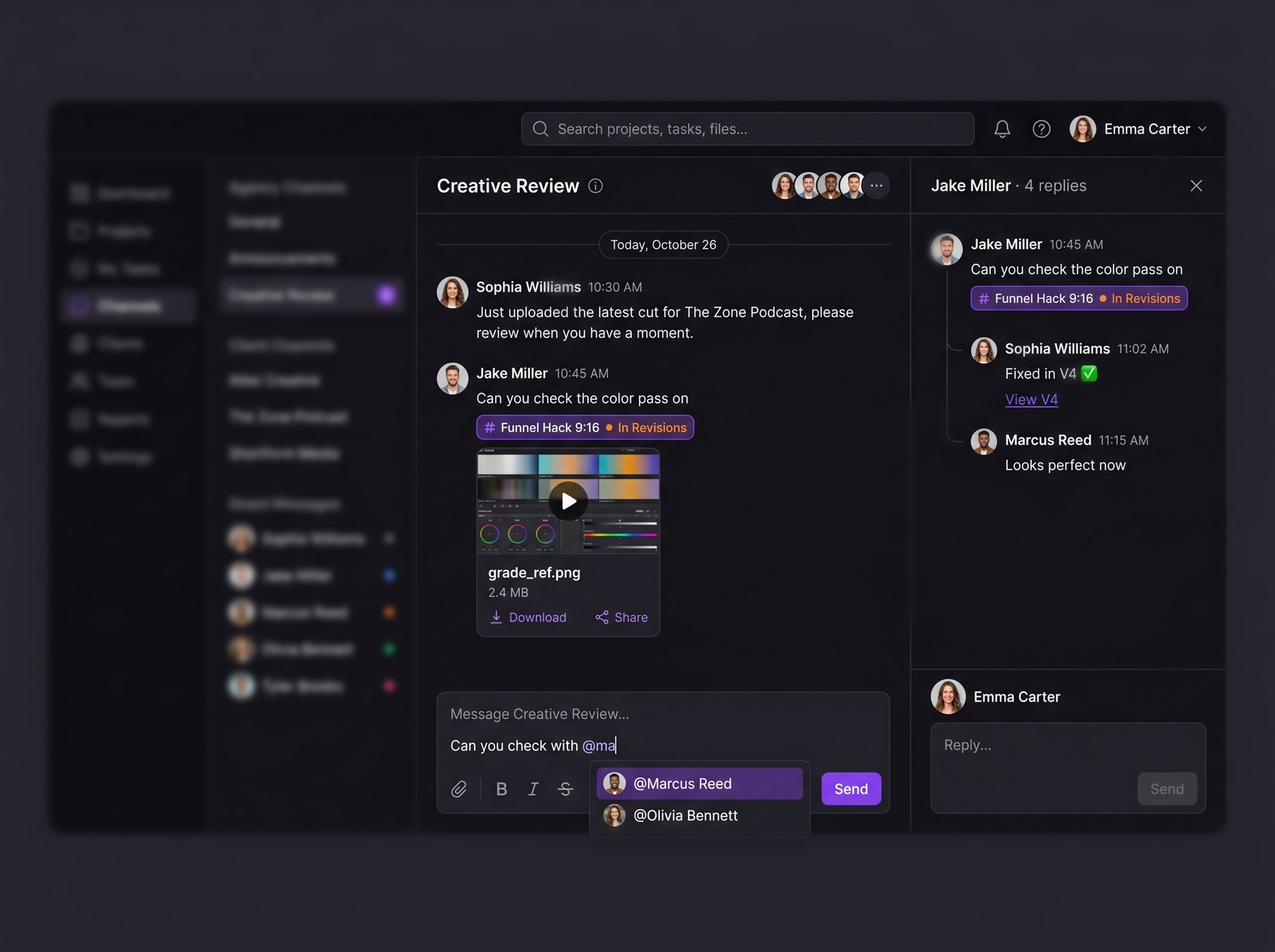 Channel thread with mentions and an embedded task chip