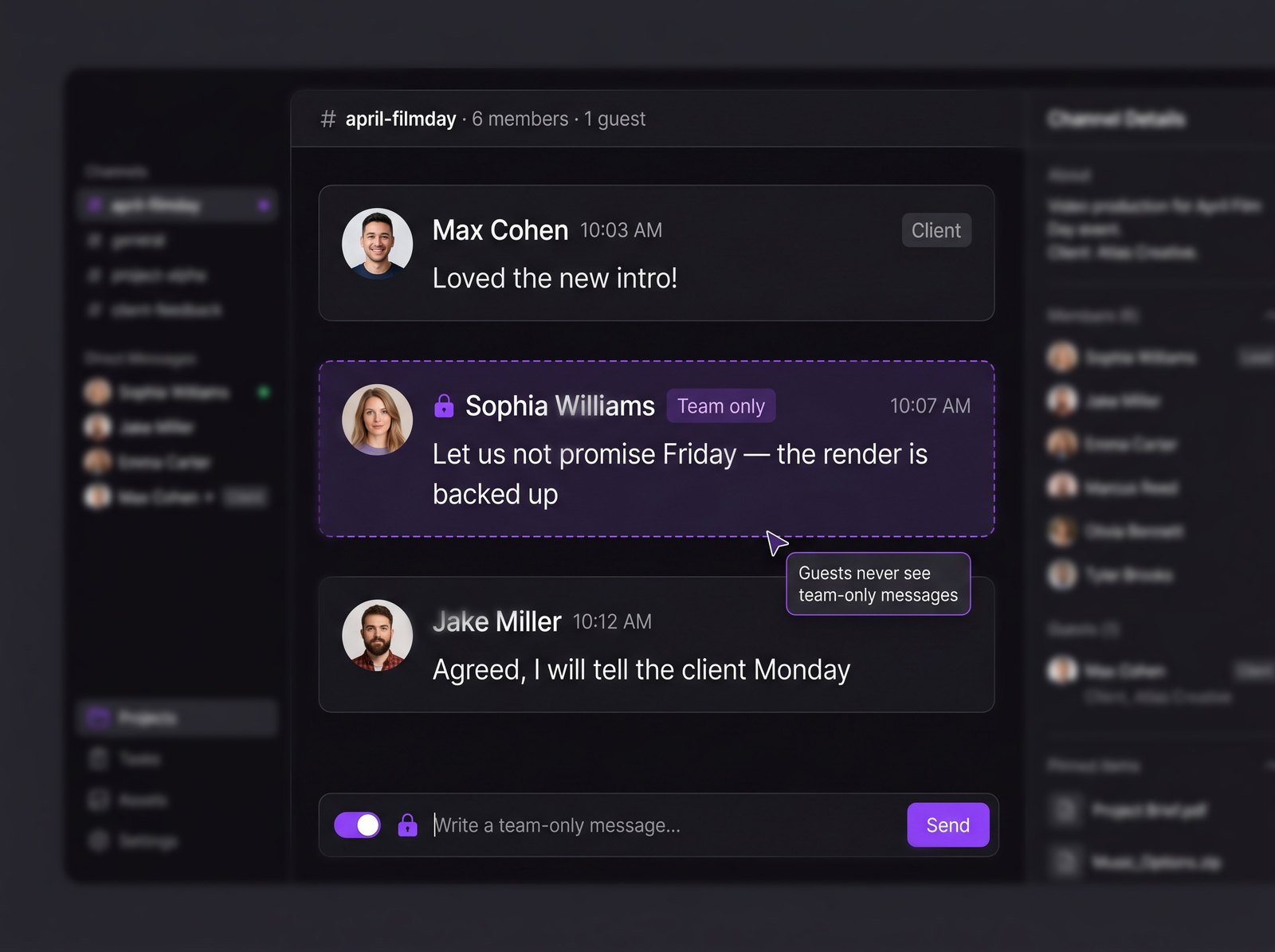 Internal-only message hidden from a guest in a shared channel