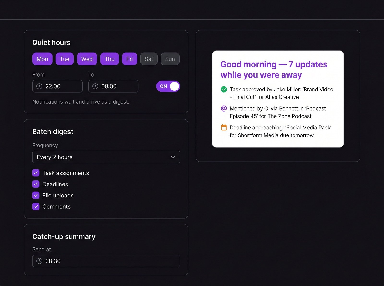 Quiet hours, batch digest and catch-up notification settings