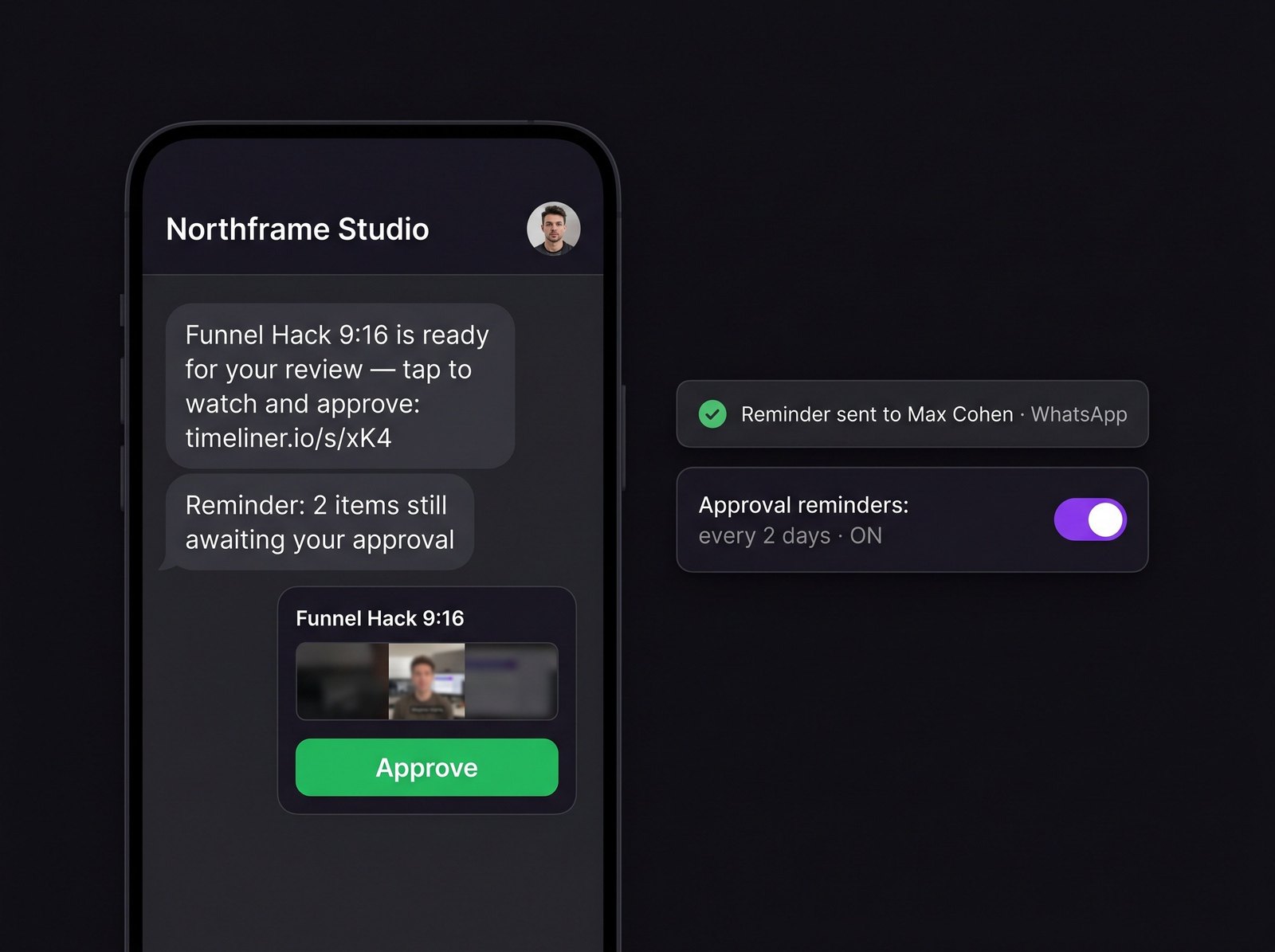 WhatsApp client approval reminder linking to the portal