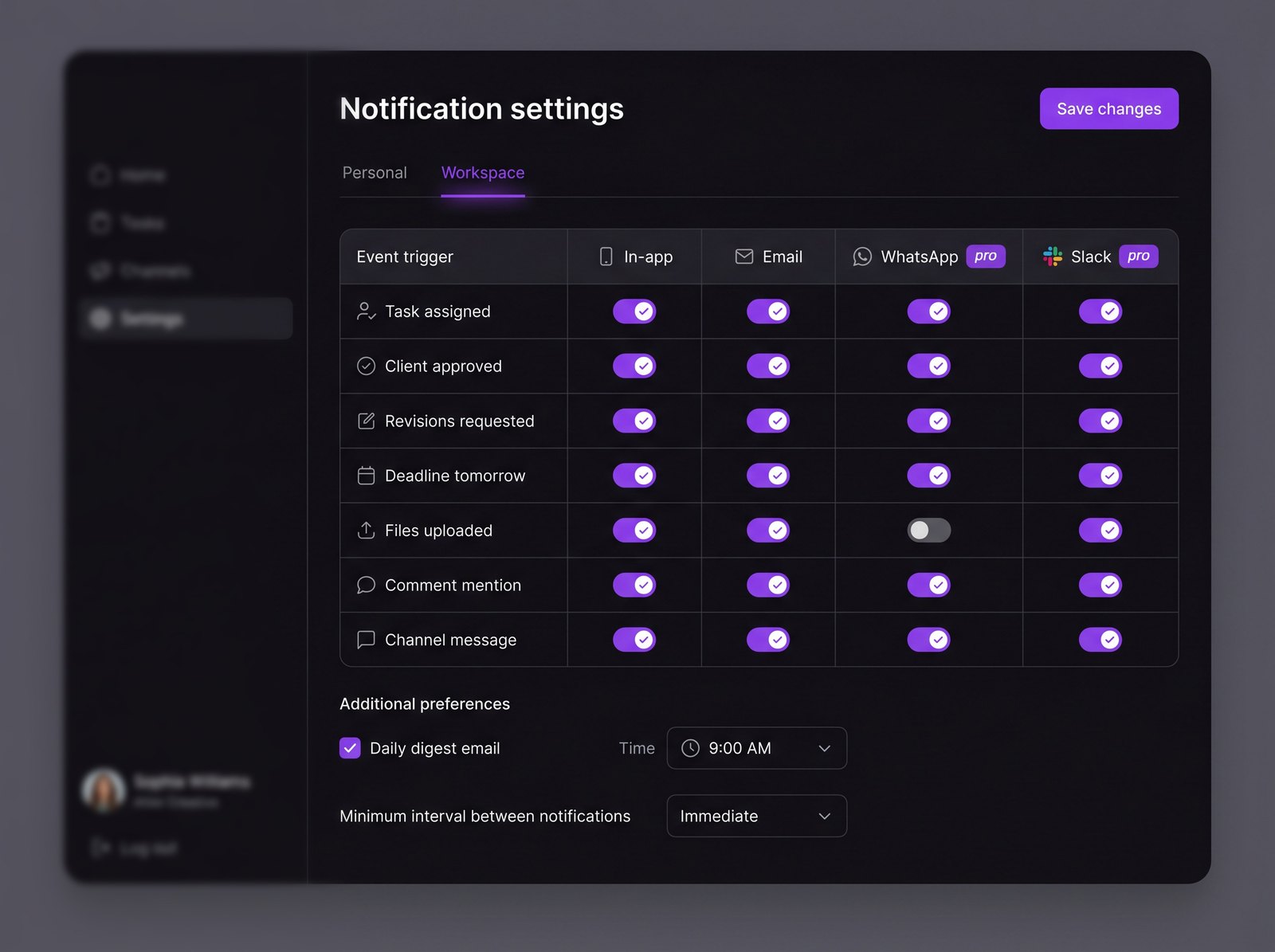 Notification settings matrix of triggers across channels