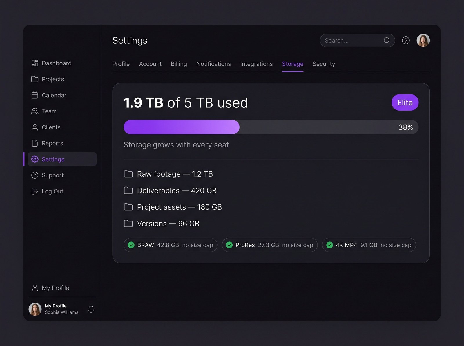 Workspace storage meter with no per-file size cap