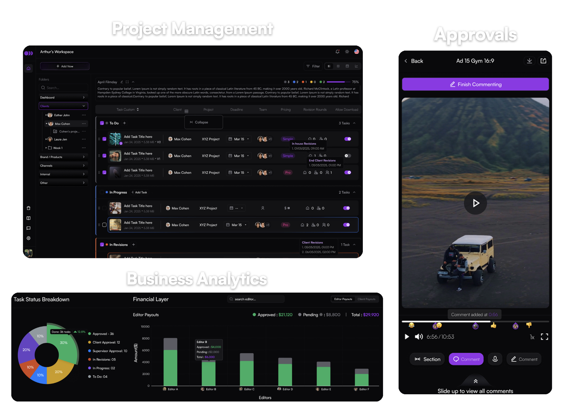 Timeliner product preview showing project management, approvals, and business analytics